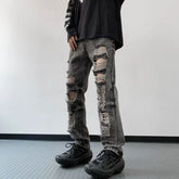 Threebooy Y2K Streetwear Vintage Black Ripped Stacked Jeans Pants For Men Clothes Old Straight Hip Hop Trousers Pantalon Homme